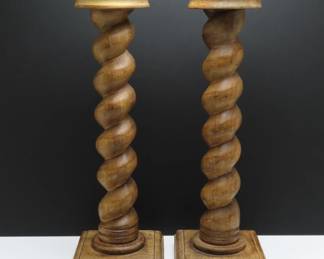 Pair of Tall Turned Wooden Pillar Candle Holders