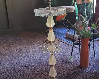 Vintage Hollywood Regency Crystal and Brass Floor Ashtray Stand