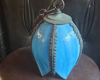 Vintage Blue Slag Glass Tulip Swag Pendant Lamp
