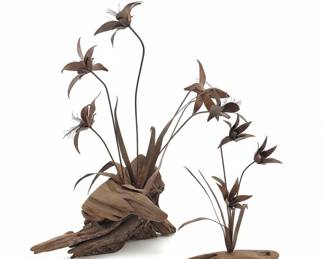 Mid-Century Modern Copper and Driftwood Floral Sculptures