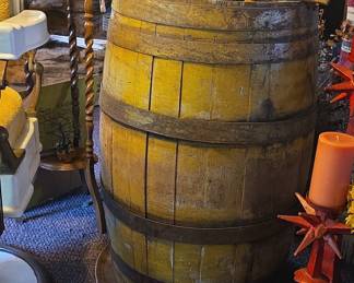 Vintage Mustard-Painted Wooden Barrel