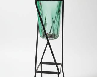 Mid-Century Modern Blown Glass Vase with Wrought Iron Stand