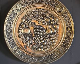 Vintage English Embossed Brass Fruit Wall Platter