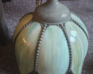 Mid-Century Green Slag Glass Tulip Pendant Lamp