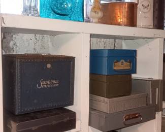 lots metal boxes blue Blenko vase