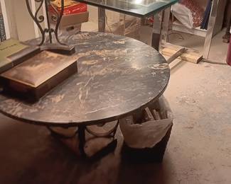 Black Italian Portoro marble top table and chrome glass top desk