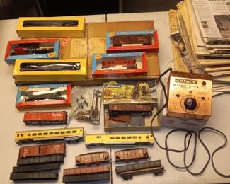 ICRR HO train set in original box and other cars, some metal with wood bases