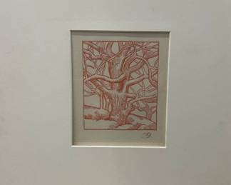 Lot #5 Aristide Maillol 'Trees' Original Linocut Print Rust Red on Cream Paper Framed