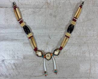 Lot #63 Vintage Native American Style Bone Hairpipe Choker Necklace Antler Slice Carved Bone Red Beads