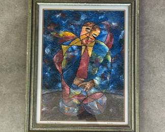 Lot #18 Karim "In Brooding Mood" Original Cubist Style Painting on Crinkled Paper Framed Modernist Figure