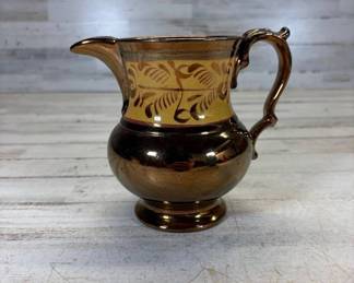 Lot #68 Antique English Copper Lusterware Jug Pitcher Canary Yellow Floral Band Staffordshire Style c1830-60