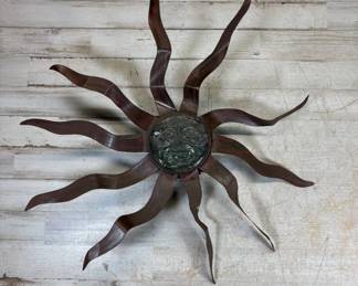 Lot #70 Southwestern Style Metal Sun Wall Art Rustic Red Patina Wavy Rays Glass Face Medallion Decor
