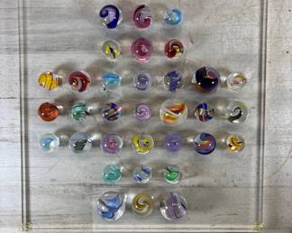 Lot #79 Vintage Handmade Art Glass Swirl Marbles Collection of 33 Lutz Ribbon Latticino in Lucite Display Case
