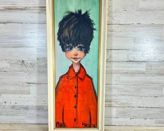 Lot #77 Michel Vintage Mid Century Big Eye Boy Portrait Painting Paris Orange Coat Framed