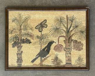Lot #19 Vintage Framed Straw Work Folk Art Tropical Bird Palm Trees Butterfly Picture Faux Bois Frame