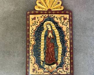 Lot #12 Our Lady of Guadalupe Hand Painted Wood Retablo Folk Art Mexican Religious Icon