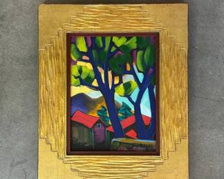 Lot #14 R. K. Lee Original Oil Painting Cubist Landscape Blue Trees Red Roof Cabins 1999 Gilt Frame