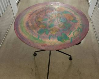 Lot #7 Round Hand-Painted Folk Art Accent Table Iron Tripod Base Floral Fruit Motif