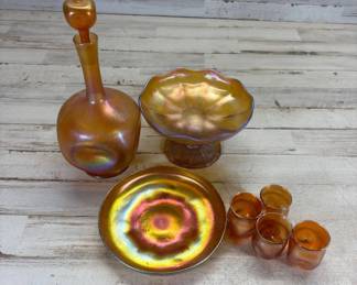 Lot #72 Louis Comfort Tiffany Favrile Iridescent Gold Glass Set: Decanter L.C.T. M9318, Compote, Bowl, 4 Cup