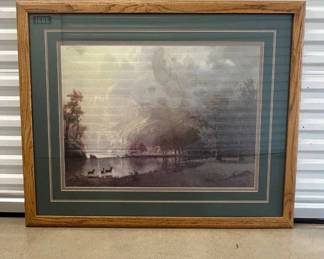 Lot #82 Albert Bierstadt Style Landscape Print Elk at Lake Yosemite Valley Oak Frame Green Triple Mat