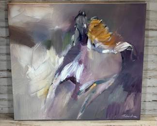 Lot #80 Signed Abstract Equestrian Horse Painting on Gallery Wrap Canvas Purple Impasto Palette Knife