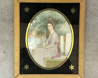 Lot #16 Antique Georgian Silk Embroidered Portrait Lady Seated Under Tree Eglomise Glass Mat Gilt Frame
