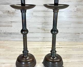 Lot #60 Pair Gothic Revival Style Metal Ecclesiastical Altar Candlesticks Tripod Feet Dark Patina Tall