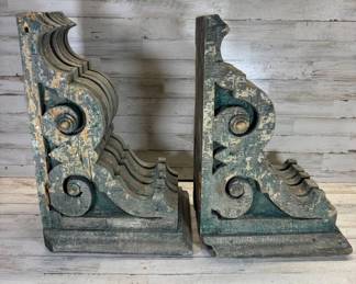 Lot #43 Pair Antique Architectural Wood Corbels Scrolled Volute Brackets Green Chippy Paint Salvage