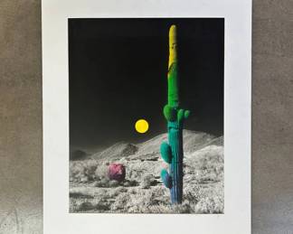 Lot #34 Desert Moon Hand Colored Black White Photograph Saguaro Cactus Southwest Signed Titled Matted