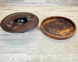 Lot #56 Hand Carved Wood Pedestal Footed Tribal Style Dish w/ Three Wells & Turned Wooden Shallow Bowl, 2