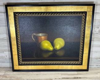 Lot #73 A. Jackson Signed Still Life Oil on Canvas Two Green Pears Copper Mug Framed Gold Leaf Rope