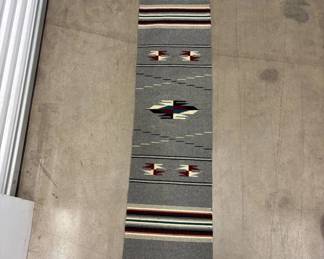 Lot #45 Vintage Southwestern Chimayo Style Woven Wool Runner Rug Gray Burgundy Teal Cream Bird Motif