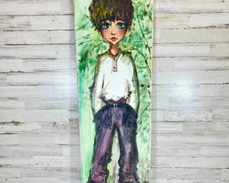 Lot #75 Vintage Mid Century Style Big Eyed Boy Painting on Canvas Signed Illegible Tall Unframed Green Wall