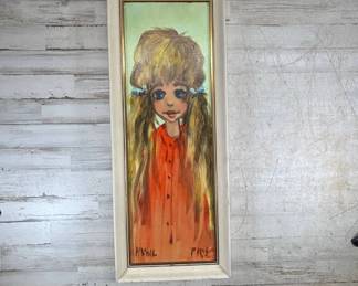 Lot #78 Michel Paris Vintage Big Eyed Girl Painting on Canvas Framed 1960s Style Kitsch Art