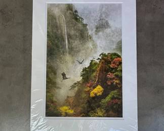 Lot #36 Signed Chinese Landscape Photograph Print Misty Mountain Waterfall Cranes Autumn Foliage Matted