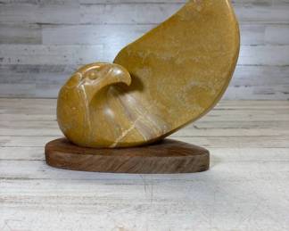 Lot #57 Modernist Abstract Eagle Head Stone Sculpture Honey Yellow Polished Stone on Wood Base
