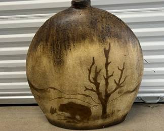 Lot #87 Southwestern Rustic Pottery Moon Flask Vase Hand Painted Bear Tree Mountain Landscape Decor