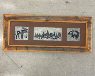 Lot #81 Rustic Western Wildlife Wall Art Moose Bear Pine Trees Slate Tiles Reclaimed Barnwood Frame