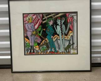 Lot #6 Louis Recchia Split-Personality Signed Original Surreal Figurative Painting Skeleton Cat TV Framed