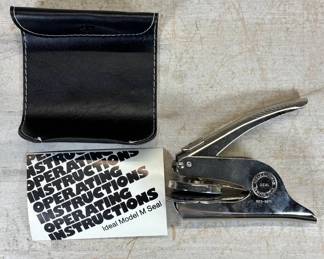 Lot #52 Vintage Ace-Kauffman Denver Colo. Embossing Seal Press, Ideal Model M Instructions, Pouch - Untested