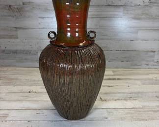 Lot #59 Large Hand Thrown Stoneware Studio Pottery Floor Vase Carved Fluted Red Green Glaze Loop Handles Sig