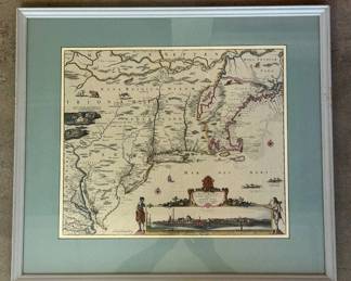 Lot #39 Nova Belgica et Anglia Nova Hand Colored Map New Netherland Visscher Style Framed Denver Frame Shop