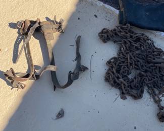 Vintage Tree Climbing Spikes, Heavy Duty Tow Chain, and Rubber Waders
