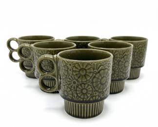 Vintage MidCentury Japanese Olive Green Floral Stacking Mugs