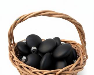 Set of Matte Black Christmas Ornaments in Wicker Basket