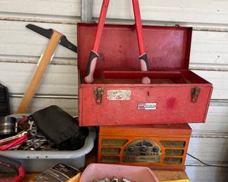 Vintage Waterloo Industries Tool Box with Assorted Tools and Crosley Radio