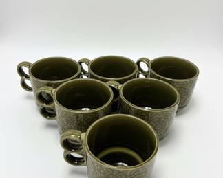 Vintage MidCentury Japanese Olive Green Floral Stacking Mugs second image