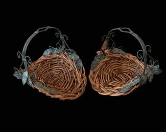 Vintage Woven Wicker Baskets with Ornate Metal Leaf Handles