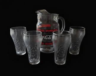 Vintage CocaCola Pebbled Glass Pitcher and Tumbler Set