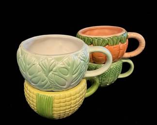 Vintage MajolicaStyle Vegetable Motif Mugs